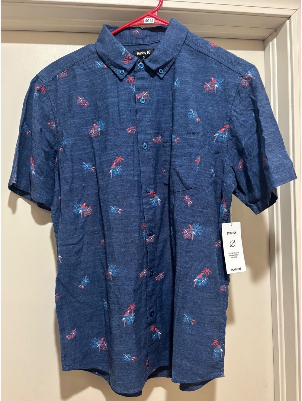 Hurley Men’s Stretch Hawaiian Button Up Shirt Blue Tropical Print NWT Large